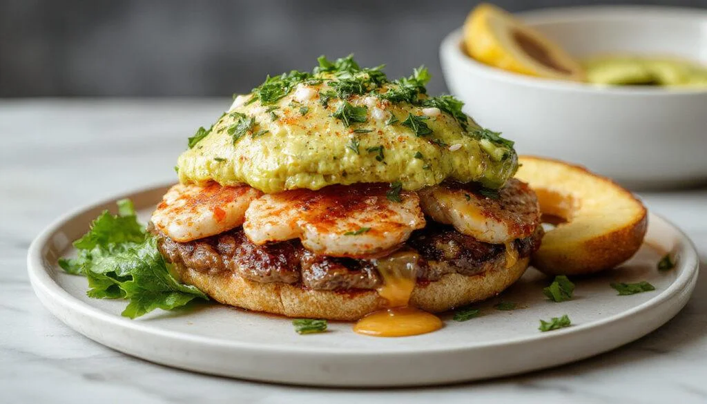 Ein farbenfroher Sushi-Burger mit einer weichen, schwarzen Reisauflage, frischem Lachs, cremiger Avocado, veganem Sushi-Seetang und Sesamsamen. Der Burger ist kunstvoll gestapelt und zeigt die frischen Zutaten, die die Texturvielfalt und die lebendigen Farben hervorheben.