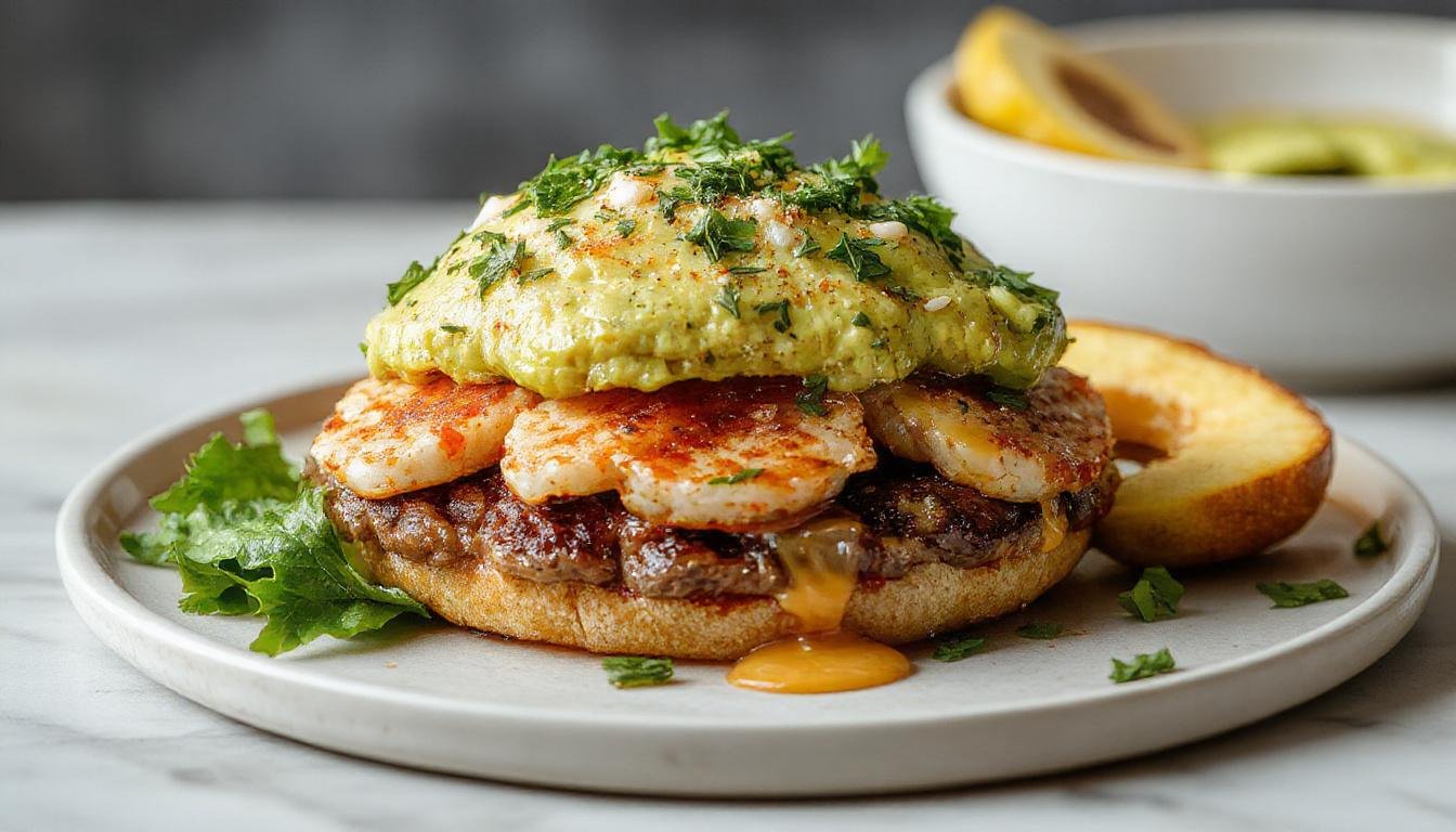 Ein farbenfroher Sushi-Burger mit einer weichen, schwarzen Reisauflage, frischem Lachs, cremiger Avocado, veganem Sushi-Seetang und Sesamsamen. Der Burger ist kunstvoll gestapelt und zeigt die frischen Zutaten, die die Texturvielfalt und die lebendigen Farben hervorheben.