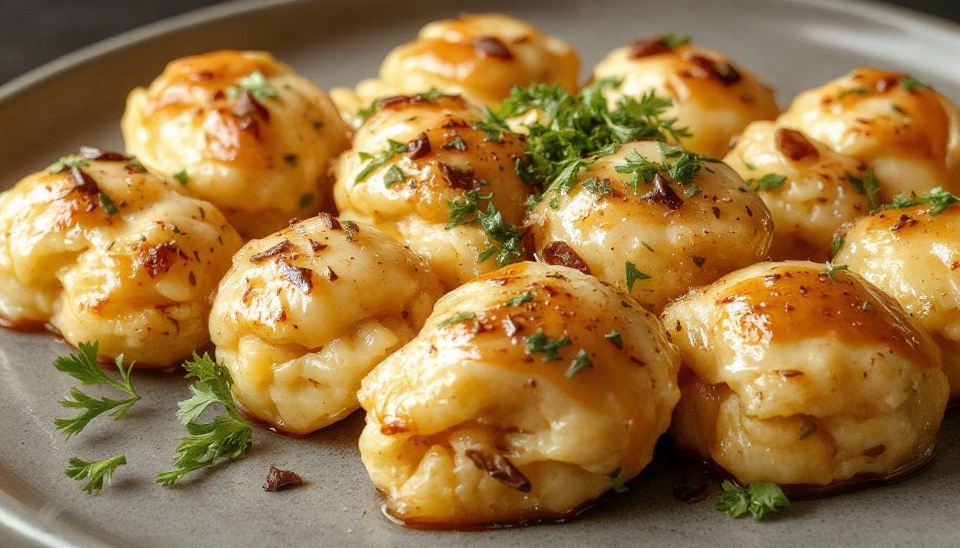 Bunte griechische Hähnchen-Hackbällchen auf einem weißen Teller, garniert mit frischer Petersilie und Zitronenscheiben, umgeben von Tomaten, Gurken und Tzatziki, alles kunstvoll arrangiert