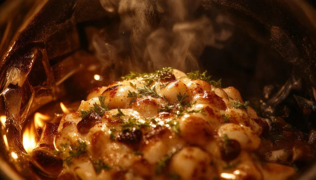 Ein goldbrauner Griechischer Gyrosauflauf in einer weißen, rechteckigen Auflaufform, oben mit knusprigem Käse und frischen Kräutern garniert, serviert auf einem Holztisch mit griechischen Zutaten im Hintergrund