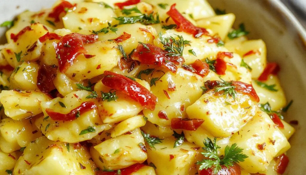 Bunter Bratkartoffelsalat auf einem weißen Teller, goldbraune und knusprige Kartoffelscheiben, frische grüne Kräuter, roter Zwiebel und kleine Radieschen als Garnitur, alles arrangiert ansprechend und appetitlich