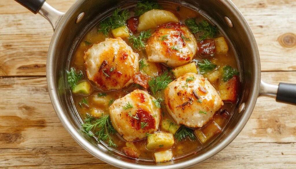 Gebratenes Hähnchenfilet in goldbrauner Kruste, umgeben von buntem Gemüse wie Paprika, Zucchini und Karotten, alles auf einem rustic Holzbrett serviert, mit frischen Kräutern garniert.