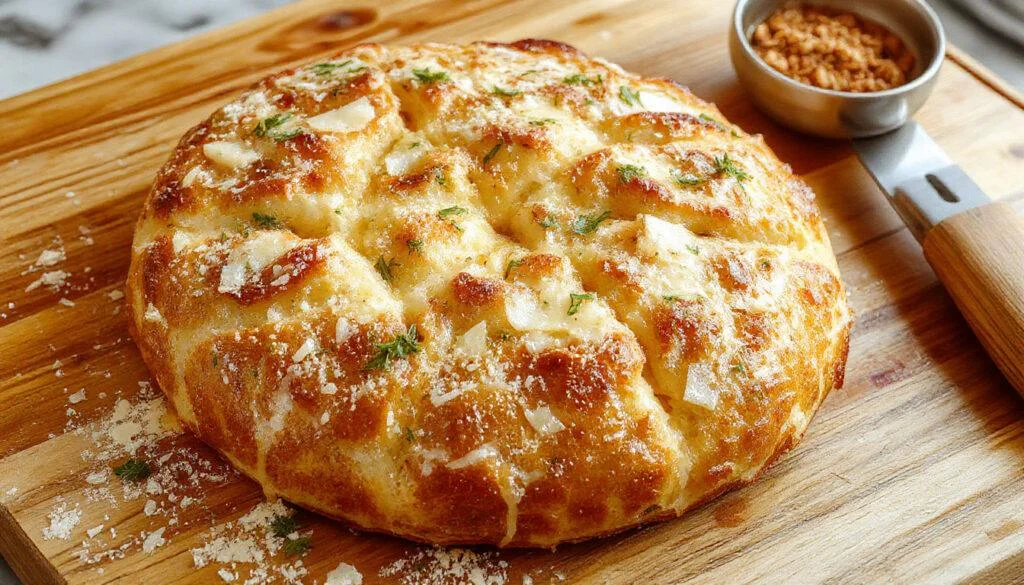 Eine goldbraune Hähnchenbrust mit einer knusprigen Parmesan-Kräuterkruste, serviert auf einem weißen Teller mit frischen Kräutern und Zitronenspalten, umgeben von einer milden Sauce. Die Textur der Kruste ist knusprig und goldfarben, während die Hähnchenbrust saftig aussieht.