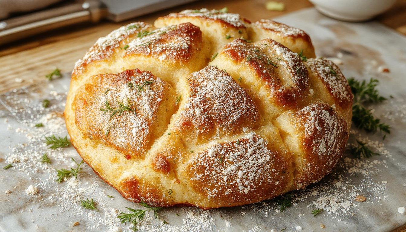 Ein frisch gebackenes Rosmarin-Käse-Brot in einer runden Form, goldbraun mit knuspriger Kruste, oben mit frischem Rosmarin und zerlaufenem Käse, präsentiert auf einem rustikalen Holzbrett.