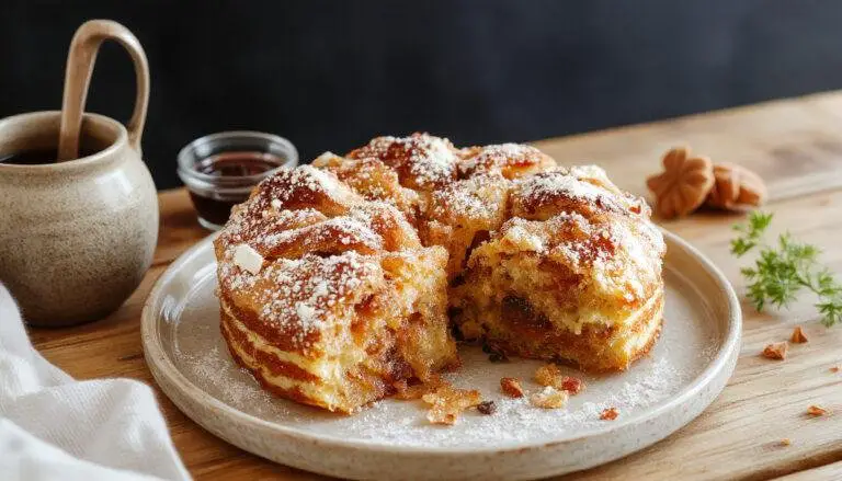 Ein goldbrauner Zwetschgenkuchen mit knusprigen Streuseln, großzügig mit frischen Pflaumen belegt, auf einem rustikalen Holztablett präsentiert, mit Puderzucker bestäubt.