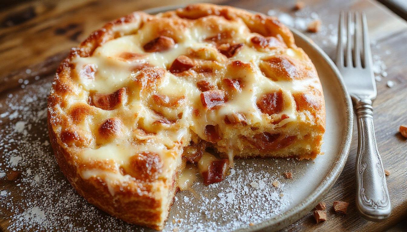 Ein herbstlicher Zwetschgen-Streusel-Käsekuchen auf einem weißen Teller, mit goldbraunem Streuseln und leuchtend violetten Zwetschgen auf der Oberfläche, umgeben von Herbstblättern