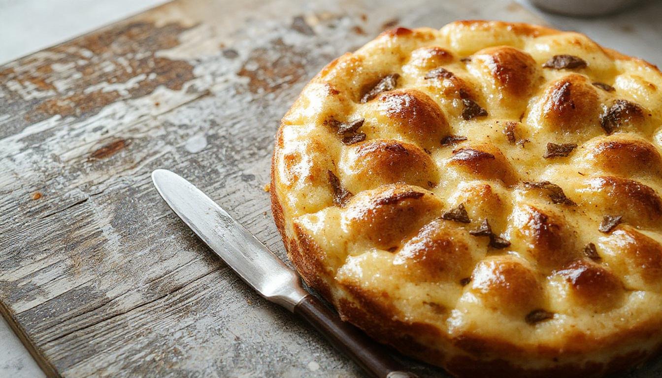 Ein frisch gebackener herbstlicher Zwetschgenkuchen auf einem rustikalen Holzteller, mit saftigen, dunkelvioletten Zwetschgen, die gleichmäßig über dem goldbraunen Teig verteilt sind. Der Kuchen ist mit Puderzucker bestäubt und zeigt eine knusprige Streuseldecke, die im Licht glänzt.