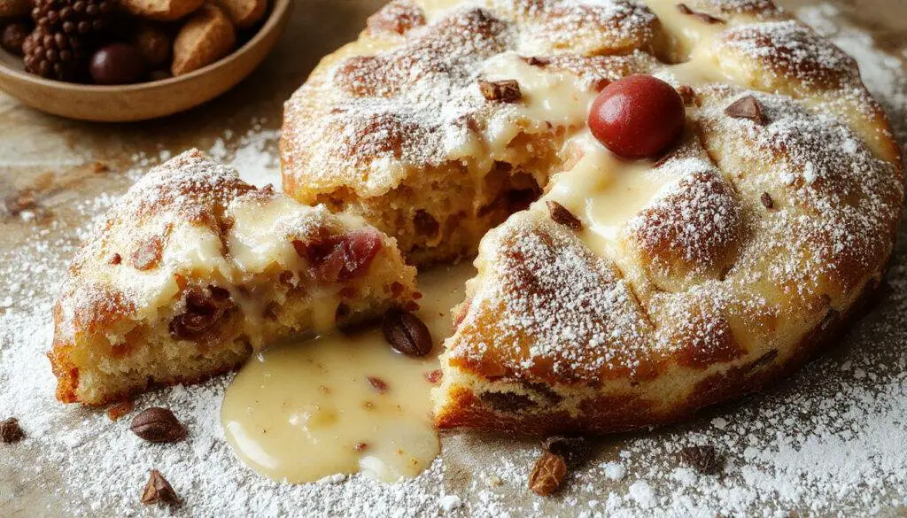 Ein frisch gebackener Herbstlicher Zwetschgenkuchen mit Baiser, mit goldbraunem Teig und saftigen Zwetschgen, oben luftig geschlagenes Baiser, alles auf einem rustikalen Holztablett präsentiert