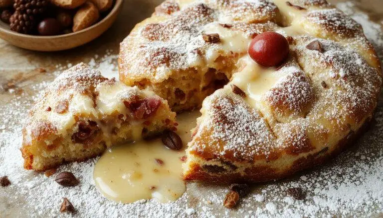 Ein frisch gebackener Herbstlicher Zwetschgenkuchen mit Baiser, mit goldbraunem Teig und saftigen Zwetschgen, oben luftig geschlagenes Baiser, alles auf einem rustikalen Holztablett präsentiert