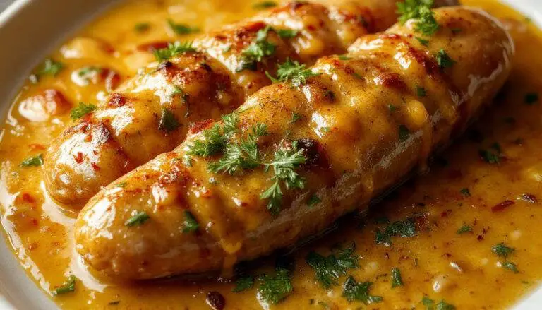 Gedünstete Bratwurst in einer cremigen Zwiebel-Curry-Sauce, angerichtet auf einem weißen Teller, mit frischen Zwiebelringen und einer grünen Petersilie garnierte