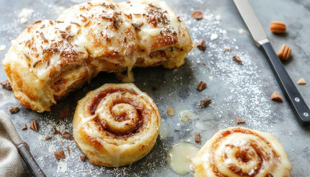 Leckere herzhafte Frühstücksrollen mit goldbraunem Speck und gelbem Rührei, eingerollt in weichen Teig und präsentiert auf einem weißen Teller, garnierte mit frischen Kräutern.