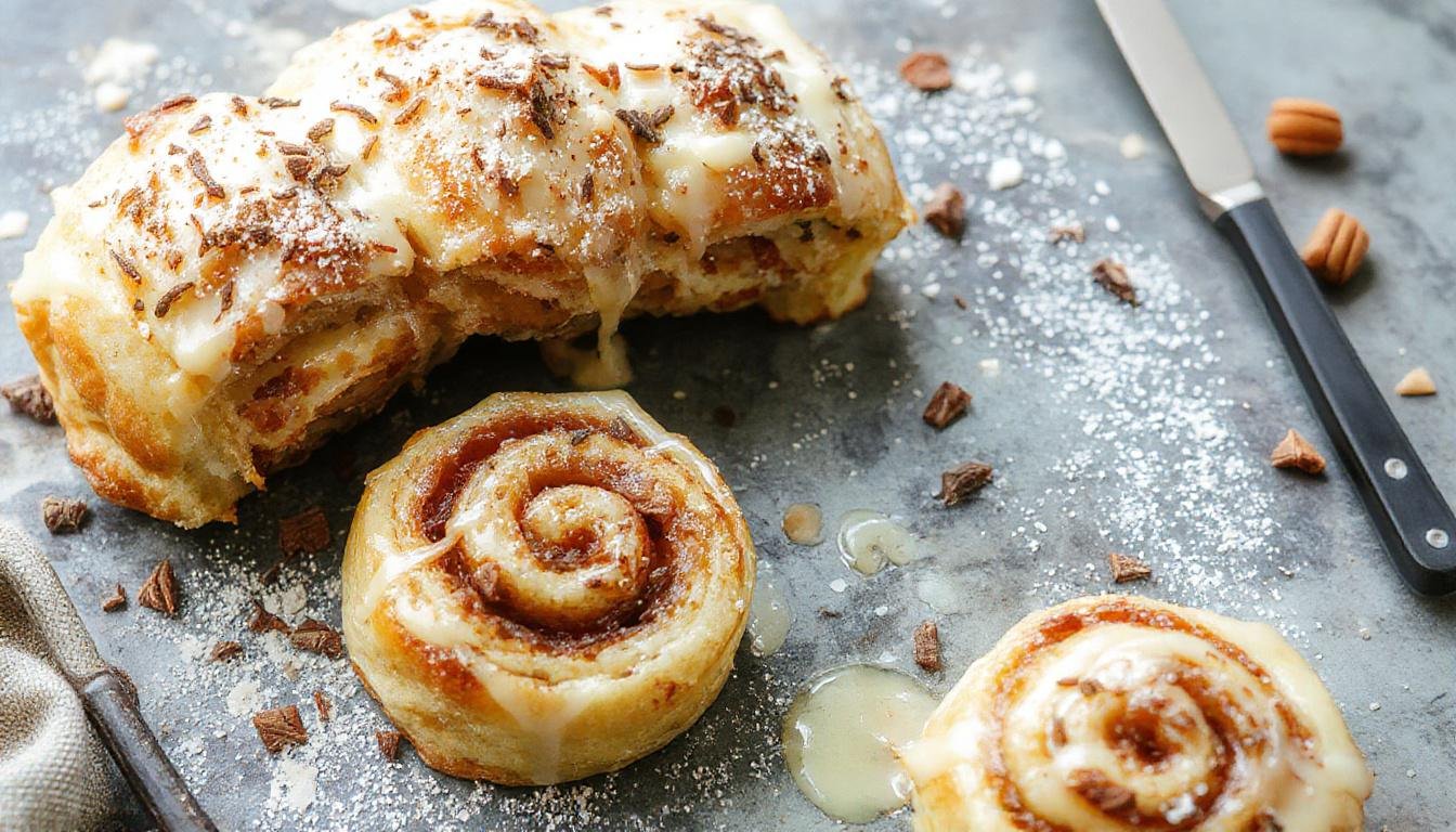 Leckere herzhafte Frühstücksrollen mit goldbraunem Speck und gelbem Rührei, eingerollt in weichen Teig und präsentiert auf einem weißen Teller, garnierte mit frischen Kräutern.