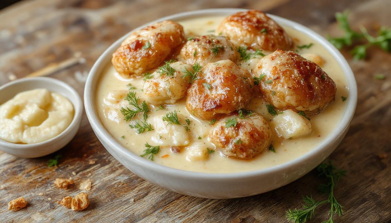 Ein Teller mit herzhaften Hackbällchen in cremiger Rahmsoße, umgeben von fluffigem Kartoffelpüree, alles kunstvoll angerichtet auf weißem Porzellan. Das Gericht ist mit frischen Kräutern garniert, die Sauce glänzt verführerisch und die Hackbällchen sind goldbraun gebraten, was die wohlige Atmosphäre eines deftigen Hausmannskost-Gerichts vermittelt.