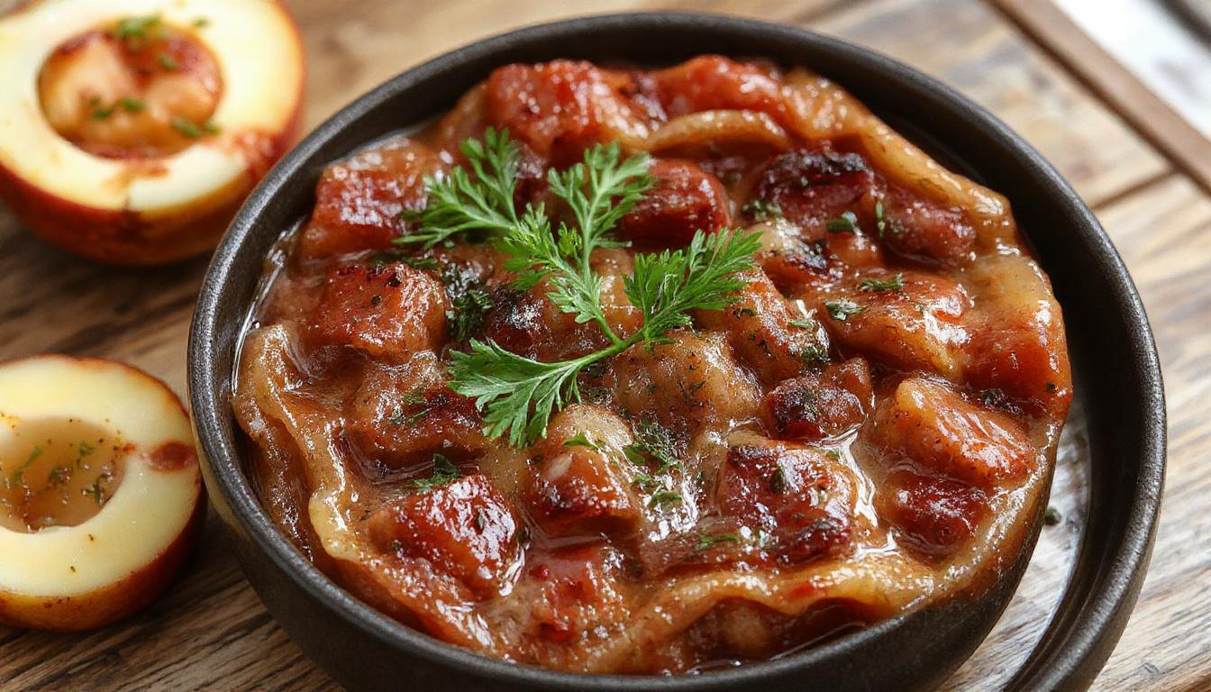 Eine ofenwarme Schale mit goldbraun gebräunten Makkaroni, bedeckt mit zart geschmolzenem Käse und frischen Kräutern, serviert auf einem rustikalen Holzbrett, mit knusprigen Röstzwiebeln und einer Seite frischen grünen Salats.