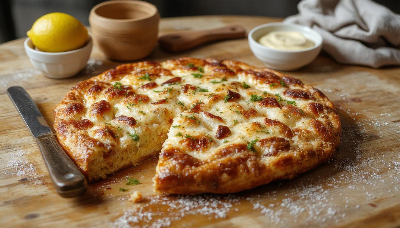 Ein herzhafter Flammkuchen-Toast auf einem weißen Teller, mit knusprigem Teig, belegt mit Speck, Zwiebeln und einer cremigen Sauerrahm-Schicht, optisch ansprechend in einem modernen Küchenambiente präsentiert.