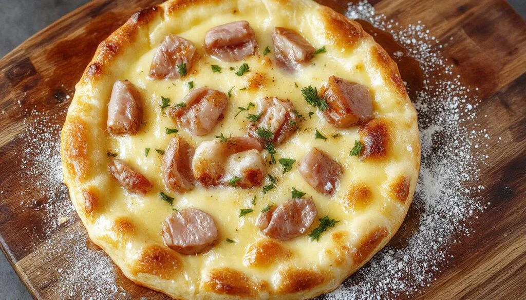 Ein goldbrauner, herzhafter Ofenpfannkuchen mit Schinkenstücken und geschmolzenem Käse, serviert auf einem weißen Teller mit frischen Kräutern darüber. Die Oberfläche ist knusprig, während die Füllung saftig und cremig aussieht.