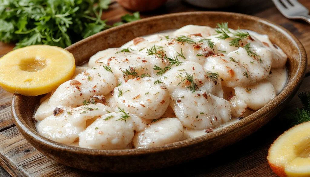 Ein frisch zubereiteter herzhafter Thunfischsalat in einer weißen Schüssel, garniert mit hart gekochten Eiern, frischen Kräutern und einem Schuss Joghurt, mit buntem Gemüse im Hintergrund