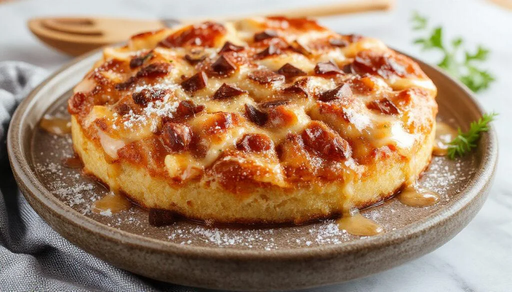 Der herzhafte Zwetschgenkuchen zeigt eine goldbraune, knusprige Teigkruste, bedeckt mit violetten Zwetschgen, die leicht karamellisiert sind. Im Fokus stehen die saftig-bunten Zwetschgen, die ansprechend auf einem rustikalen Holzteller angerichtet sind, umgeben von einer kleinen Menge frisch gehackter Kräuter und leicht zerbröseltem Teig.