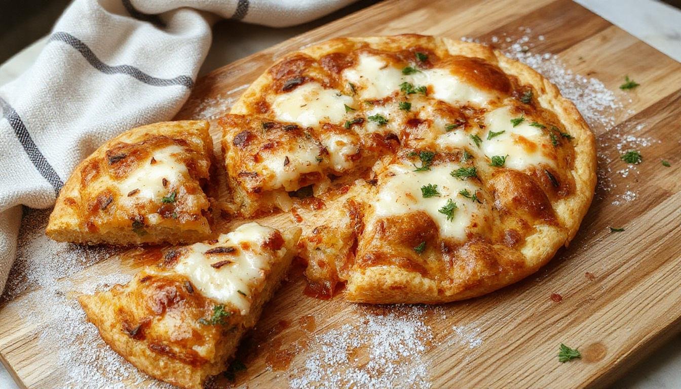 Der herzhafte und einfache Pizzakuchen liegt auf einem rustikalen Holzteller, die goldbraune Kruste ist leicht knusprig, der Belag besteht aus schmelzendem Käse, saftigem Schinken, bunten Paprikastreifen und frischen Kräutern, alles appetitlich angerichtet und einladend präsentiert.