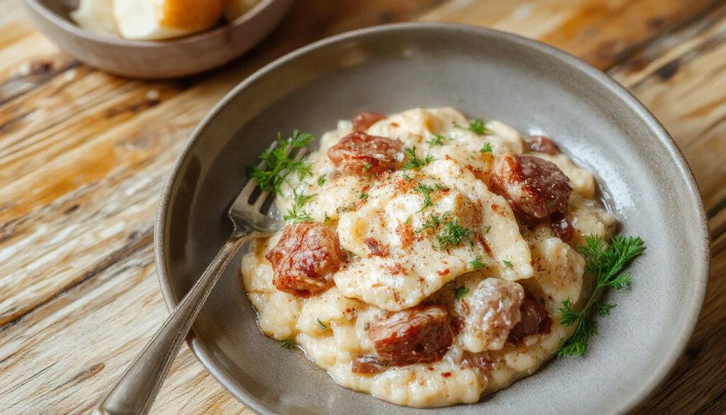 Das herzhaft angerichtete Zwiebel-Speck-Risotto wird in einer eleganten weißen Porzellanschüssel serviert. Das cremige Risotto zeigt goldbraune Zwiebelringe, knusprigen Speck und frisch geriebenen Parmesan obenauf. Die Oberfläche ist leicht glänzend und mit frischen Kräutern garniert, der Hintergrund ist unscharf, um die detaillierte Textur und das ansprechende Farbspiel der einzelnen Zutaten hervorzuheben.