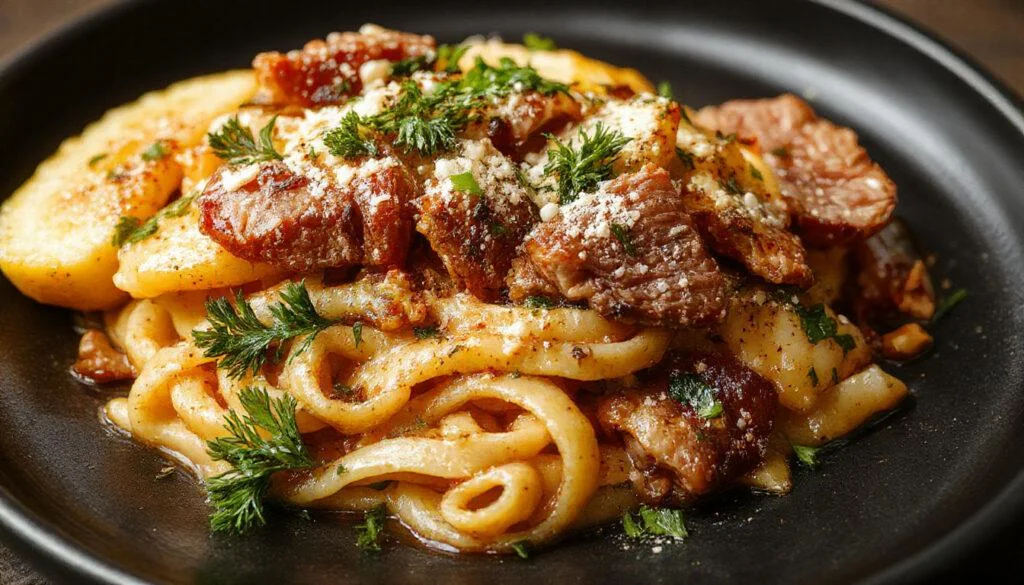 Bunte Bowl mit zubereiteter High-Protein-Pasta, zartem Rindfleisch, bunten Gemüse und einer cremigen Sauce, serviert auf einem weißen Teller, stilvoll angerichtet