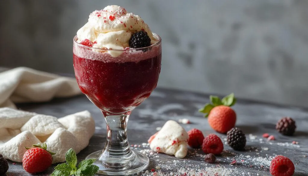 Ein eleganter Himbeer-Traum auf einem weißen Teller, mit frischen, roten Himbeeren, einer luftigen Schmandcreme, garniert mit Minzblättern, ansprechend angerichtet und im besten Licht präsentiert.