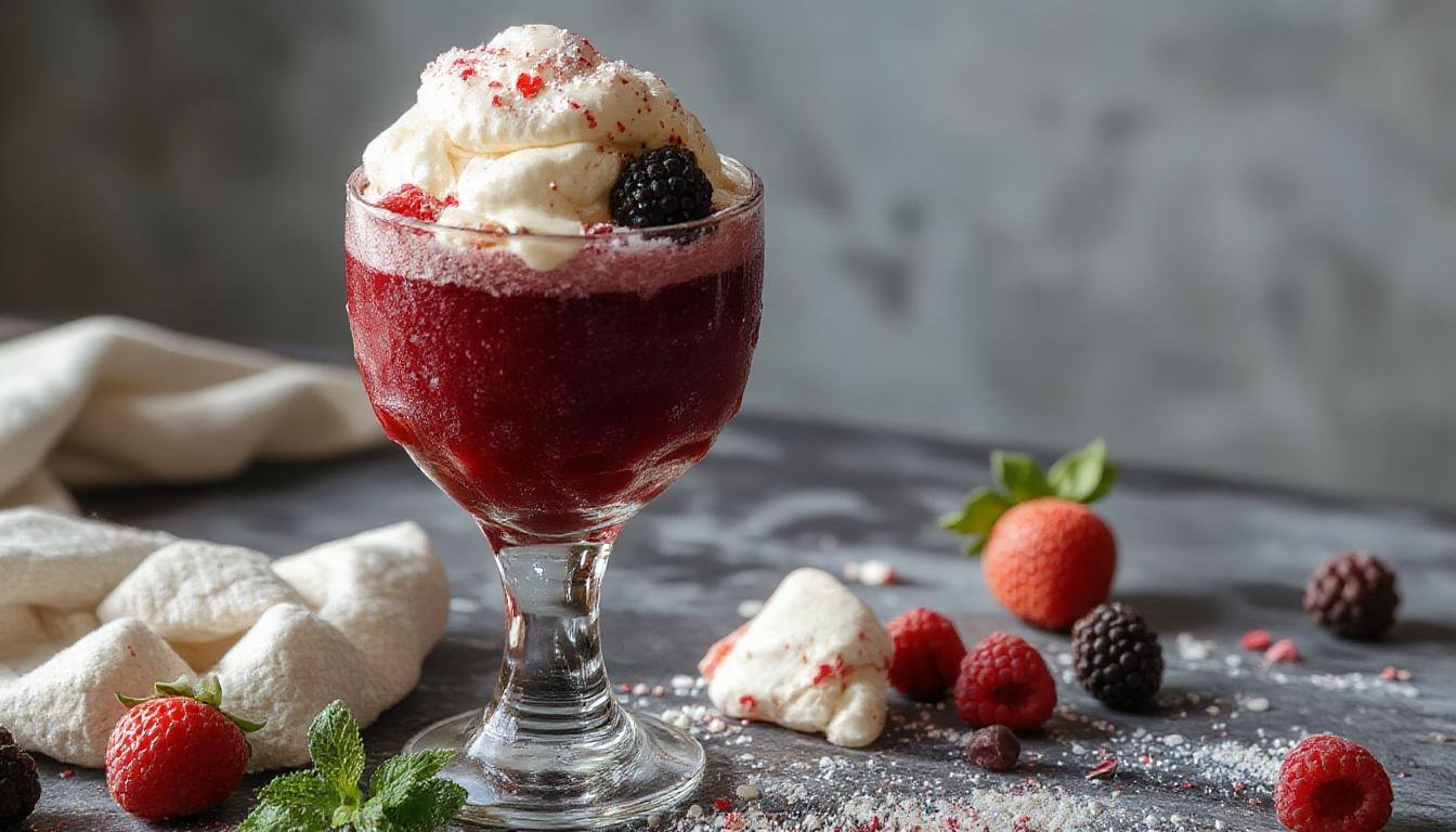 Ein eleganter Himbeer-Traum auf einem weißen Teller, mit frischen, roten Himbeeren, einer luftigen Schmandcreme, garniert mit Minzblättern, ansprechend angerichtet und im besten Licht präsentiert.