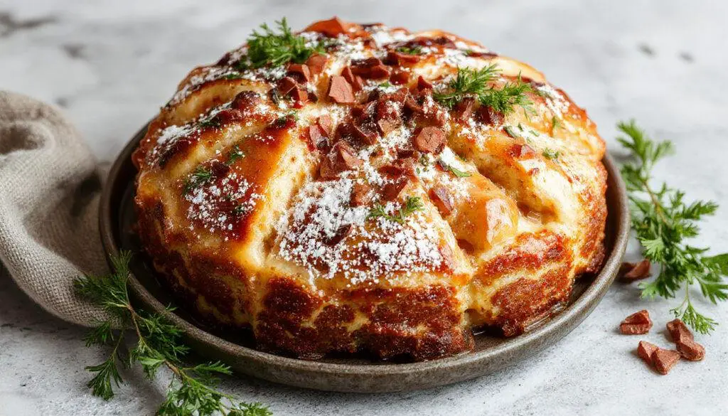Ein stilvoll angerichteter Himmlischer Eskimo-Kuchen, dessen Schichten aus cremigem Vanilleeis, Schokoglasur und bunten Streuseln bestehen. Das Dessert ist auf einem eleganten weißen Teller serviert, umgeben von einem leichten Schimmer, der die Frische und Kälte des Eiscremes hervorhebt. Die Oberfläche ist glatt und glänzend, mit einer kunstvoll gestalteten Garnitur aus Schokospänen und bunten Streuseln, die ein einladendes, sommerliches Ambiente schaffen.