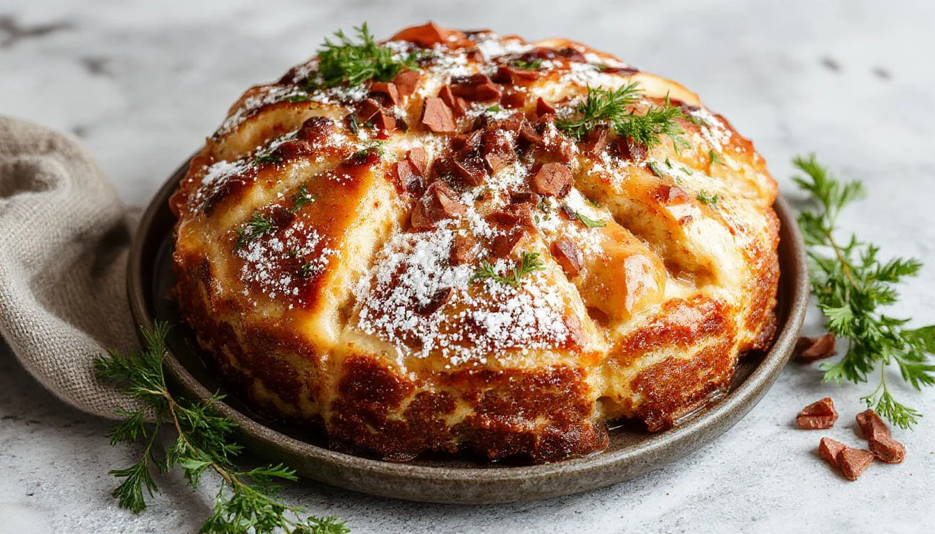 Ein stilvoll angerichteter Himmlischer Eskimo-Kuchen, dessen Schichten aus cremigem Vanilleeis, Schokoglasur und bunten Streuseln bestehen. Das Dessert ist auf einem eleganten weißen Teller serviert, umgeben von einem leichten Schimmer, der die Frische und Kälte des Eiscremes hervorhebt. Die Oberfläche ist glatt und glänzend, mit einer kunstvoll gestalteten Garnitur aus Schokospänen und bunten Streuseln, die ein einladendes, sommerliches Ambiente schaffen.