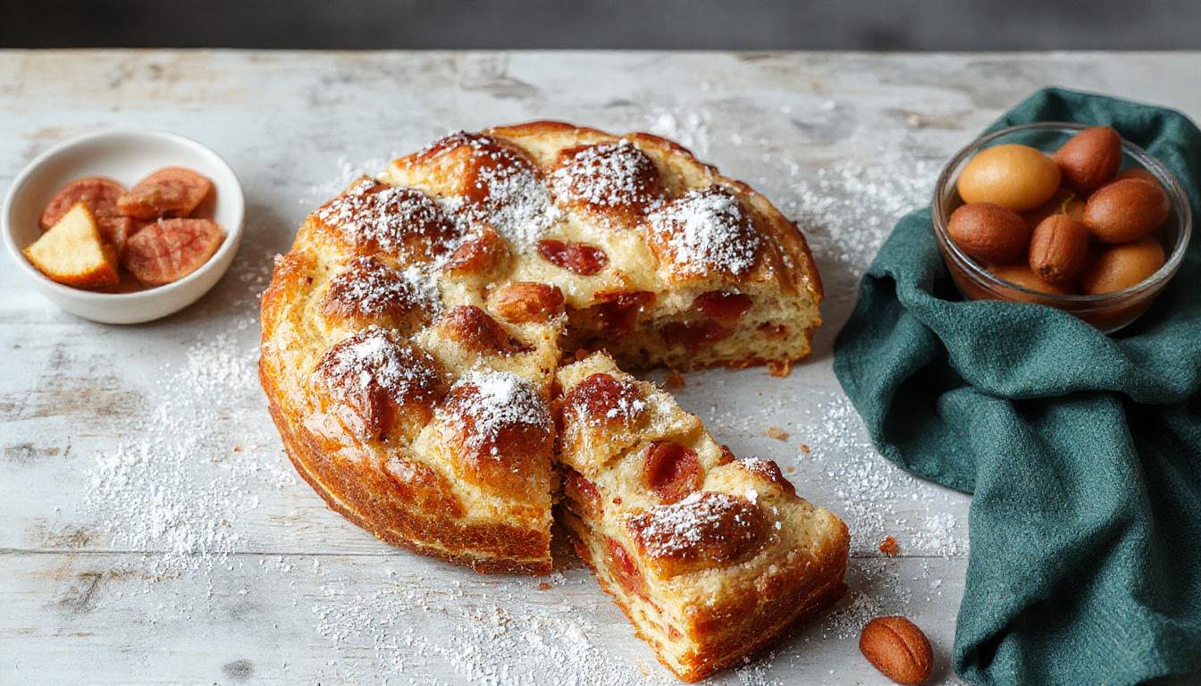 Ein cremiger Himmlischer Zimt-Käsekuchen auf einem eleganten weißen Teller, mit goldbrauner Kuchenkruste, einer zarten Zimt-Sahnehaube und einer Prise Zimt darüber, dekorativ angerichtet, mit einem Hauch von Zimtstaub im Hintergrund