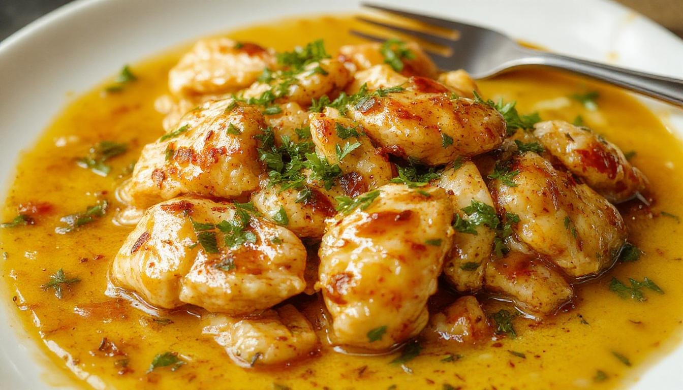 Ein cremiges, goldenbraunes Butter Chicken mit saftigem Hähnchenfleisch, garniert mit frischem Koriander, serviert in einer weißen Schüssel. Das Gericht zeigt eine samtige Soße mit sichtbaren Gewürzstücken und dampfende, appetitliche Textur.