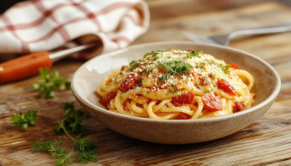 Ein Teller mit cremigen Spaghetti, garniert mit frischen Kräutern und Parmesan, serviert auf einem weißen Teller. Die Pasta ist schön glänzend und rot-weiß gefärbt, und das Gericht ist ansprechend angerichtet.