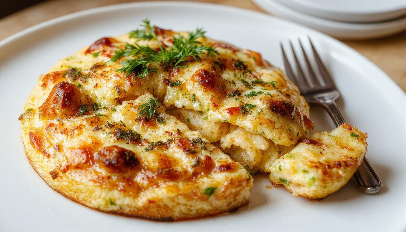 Der italienische Zucchini-Kuchen, goldbraun gebacken, liegt in einer rechteckigen Form auf einem rustikalen Holzbrett. Die Oberfläche ist leicht knusprig, der Kuchen zeigt grob geriebene Zucchini, die durch die goldene Kruste sichtbar sind. Einige Blätter frischer Basilikum und Zitronenscheiben sind dekorativ auf dem Kuchen arrangiert, während die Textur des Kuchens oben zart und saftig wirkt.