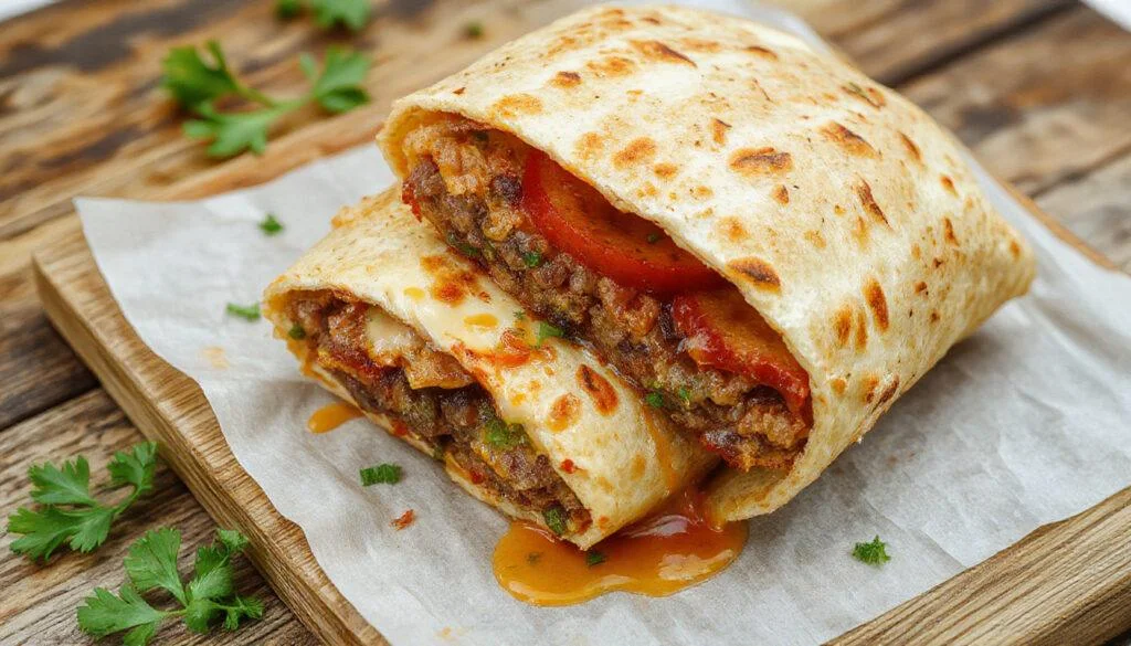 Ein frisch zubereiteter kalorienarmer Burger-Wrap, gefüllt mit buntem Gemüse, magerem Fleisch und knackiger Salat, elegant auf einem weißen Teller präsentiert, mit einer leichten, sommerlichen Atmosphäre.