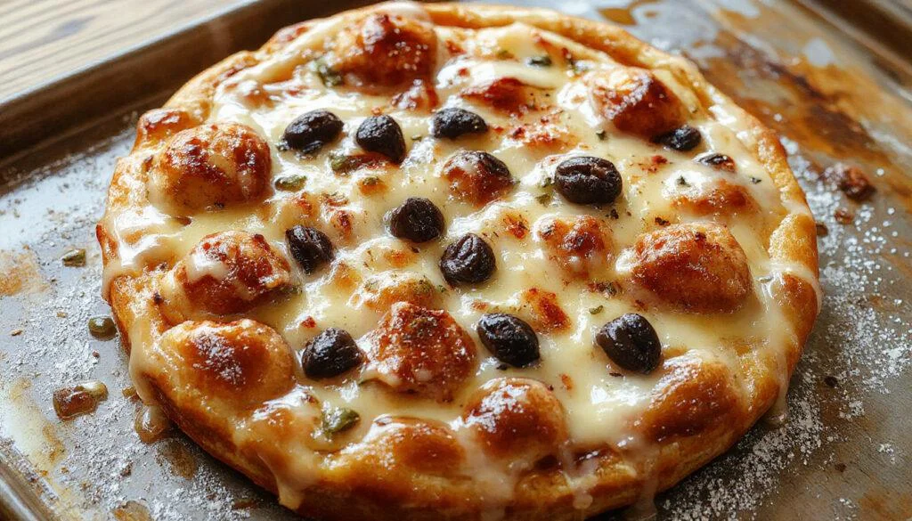 Ein dünner, knuspriger Flammkuchen mit einer leichten, cremigen weißen Soße, belegt mit dünnen Scheiben von Zwiebeln und magerem Schinken, auf einem weißen Teller serviert. Der Flammkuchen hat eine goldene Kruste und ist schön gebacken, mit frischen Kräutern garniert.