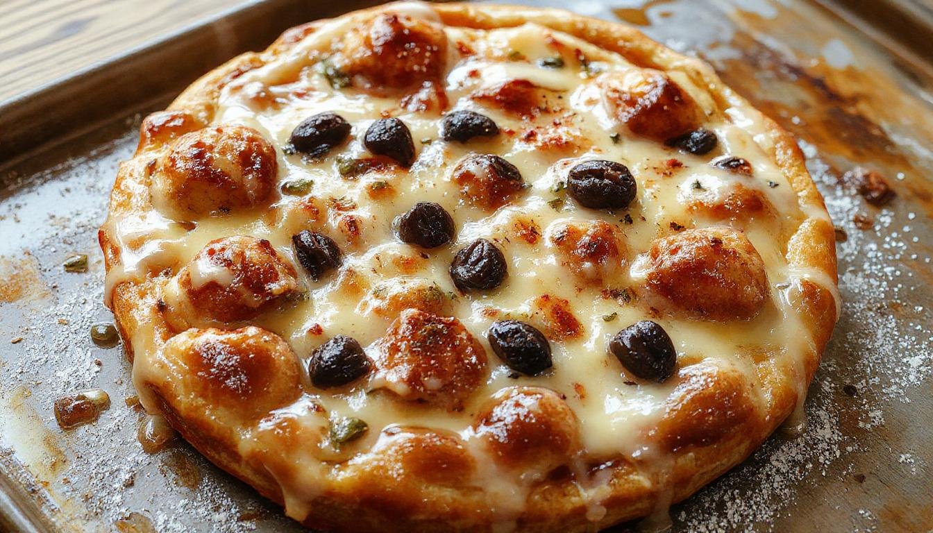 Ein dünner, knuspriger Flammkuchen mit einer leichten, cremigen weißen Soße, belegt mit dünnen Scheiben von Zwiebeln und magerem Schinken, auf einem weißen Teller serviert. Der Flammkuchen hat eine goldene Kruste und ist schön gebacken, mit frischen Kräutern garniert.