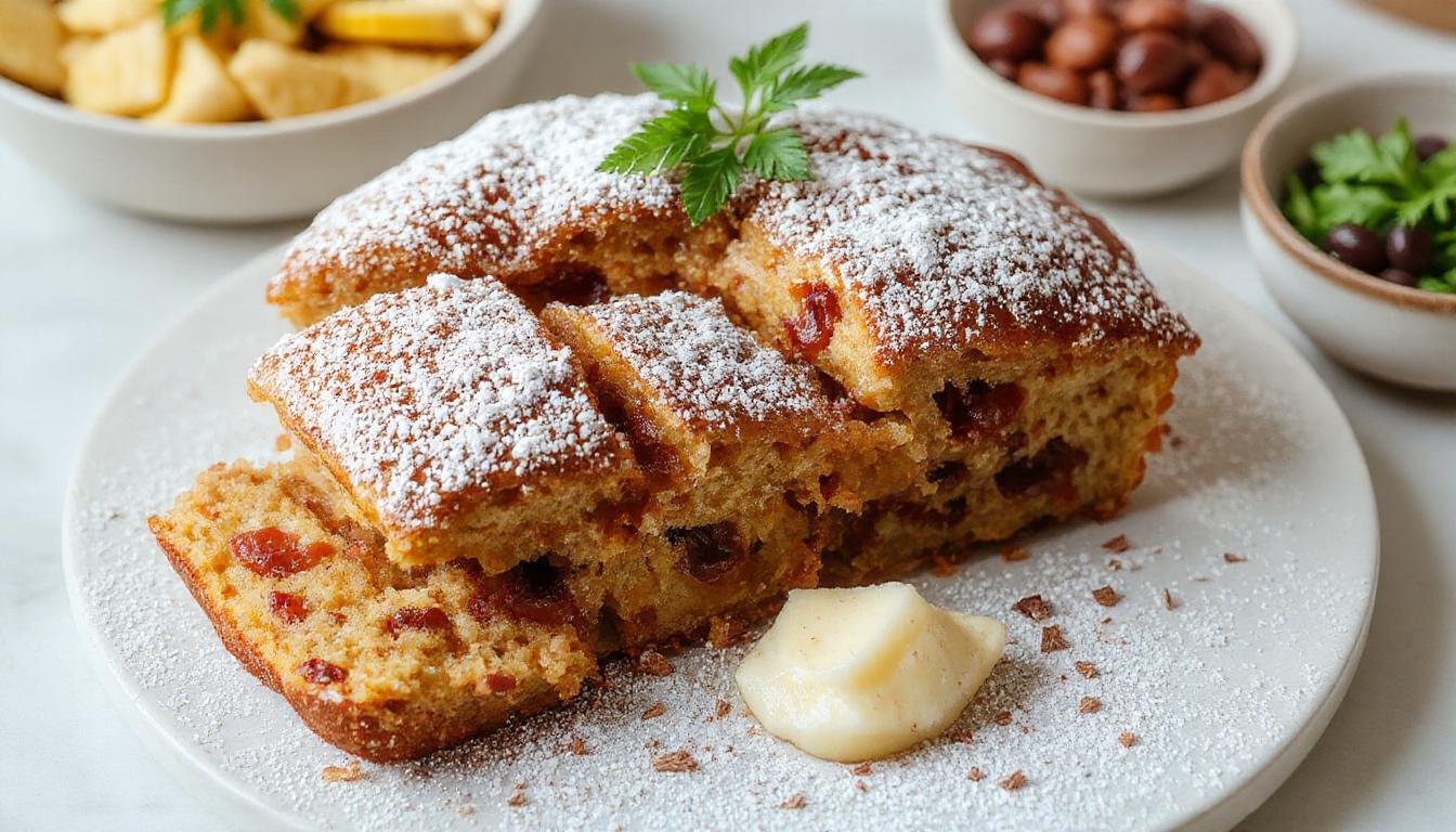 Eine elegante Scheibe Kardinalschnitte auf einem weißen Teller, mit goldbrauner Kruste, zarter Cremeschicht und einer frischen Dekoration aus Beeren und Minzblättern. Das Gebäck ist saftig und schön angerichtet, mit einer glänzenden Oberfläche und einer leichten Staubung von Puderzucker.
