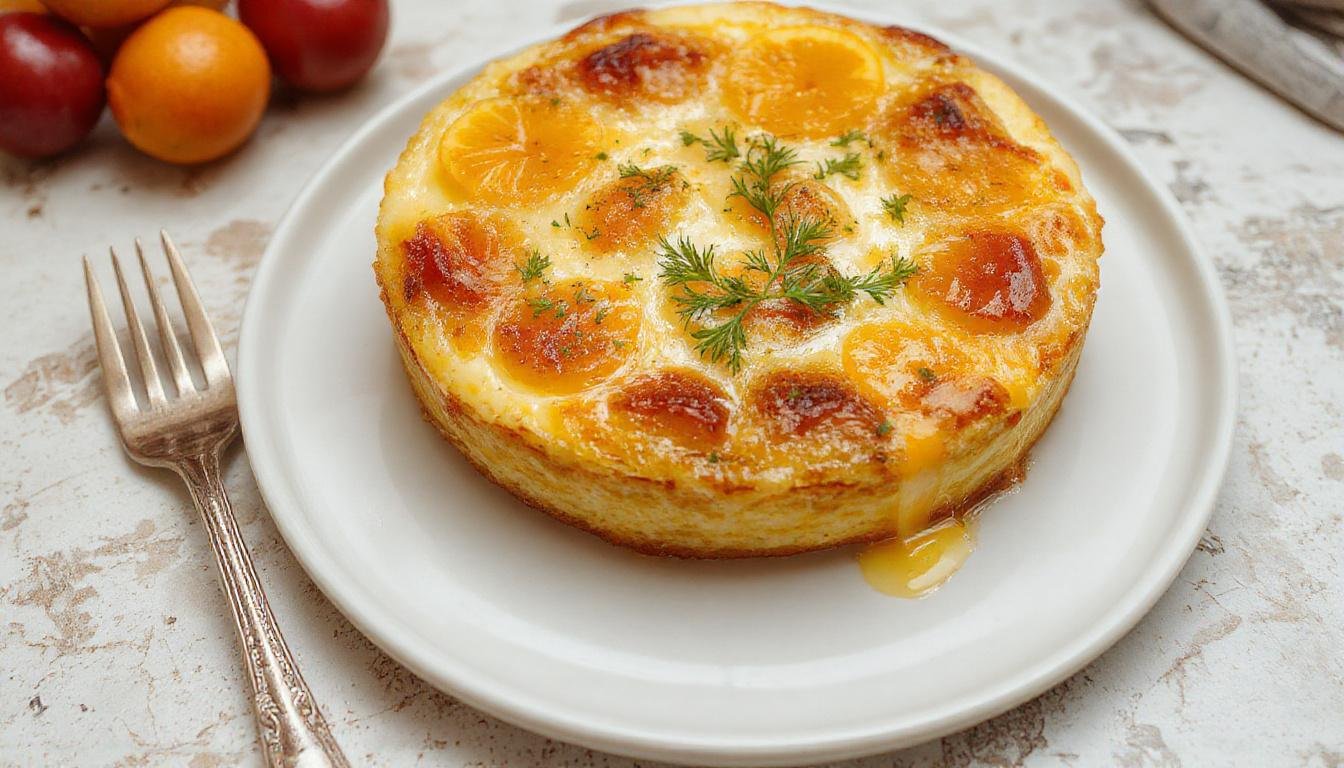 Ein cremiger Käsekuchen mit einer goldbraunen Oberseite, verziert mit lebendigen Mandarinenstücken auf der Oberfläche, präsentiert auf einem weißen Teller mit einem Stück, das eine cremige Textur und saftige Mandarinen zeigt.