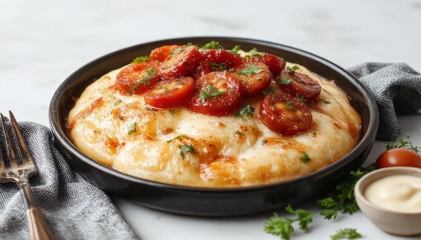 Ein Teller mit goldbraun gebratenem Hähnchenfilet in einer reichhaltigen, roten Tomatensauce, umgeben von dampfendem weißen Reis. Das Gericht ist auf einem eleganten weißen Teller angerichtet, mit frischen Kräutern garniert und einen warmen, einladenden Eindruck machend.