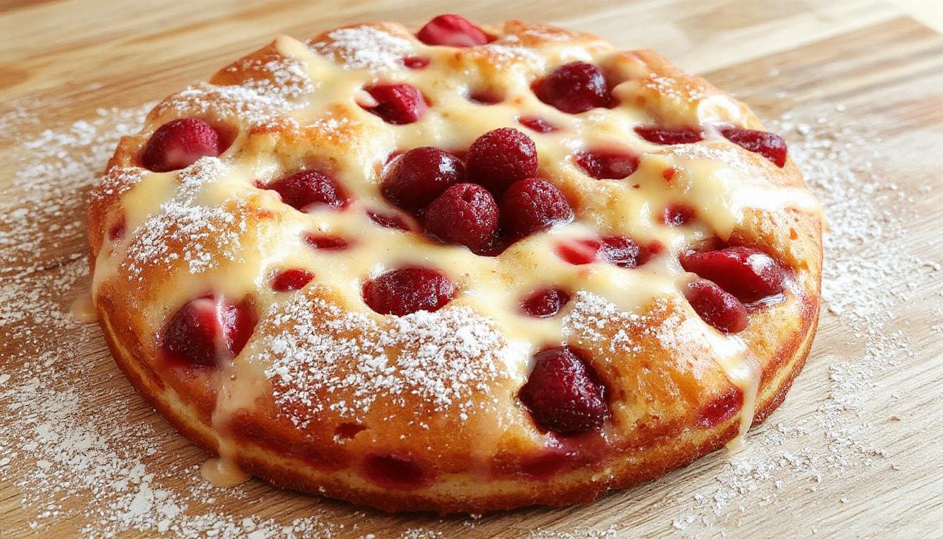 Ein saftiger Kirschkuchen mit goldbrauner Mandelstreuselkruste, dekorativ mit frischen Kirschen und einem Staubzucker-Finish, präsentiert auf einem rustikalen Holzteller.