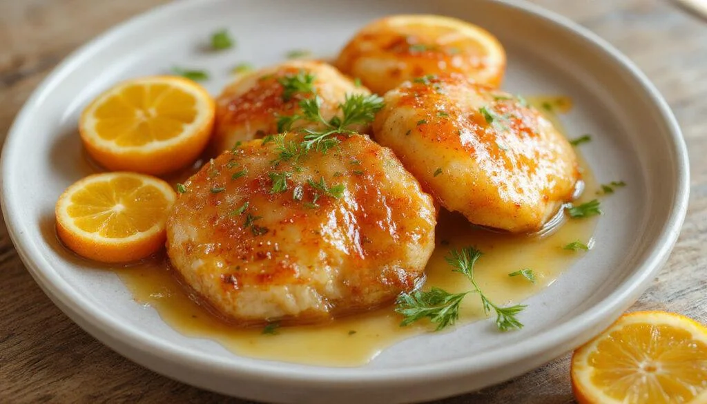 Ein rechteckiges Stück der klassischen Fanta-Schnitten mit einer hellgelben Fanta-Glasur, garniert mit Mandarinen und einem Klecks Schmand, auf einem weißen Teller platziert, mit einer freundlichen, ansprechenden Präsentation.