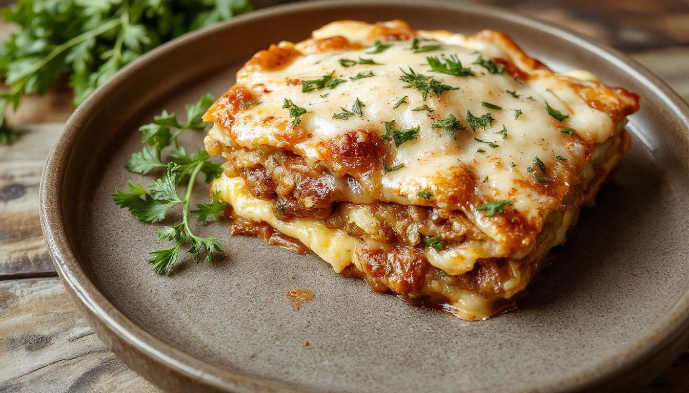 Eine großzügige Portion klassische Lasagne auf einem weißen Teller, sichtbar geschichtet mit goldbraun gebratener Käsekruste und Tomatensauce, garniert mit frischem Basilikum, alles elegant angerichtet.