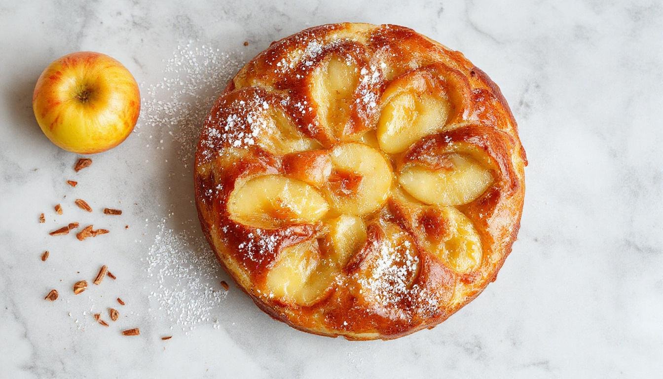 Der klassische Apfelkuchen mit Pudding und Streuseln präsentiert sich auf einem rustikalen Holzbrett. Die goldbraune Oberfläche ist mit knusprigen Streuseln bedeckt, die leicht zerbröseln. Saftige Apfelscheiben sind sichtbar, durch den knusprigen Streuseldeckel hervorschimmernd. Der Pudding ist cremig und dezent sichtbar an den Rändern des Kuchens, während zarte Apfelstücke in warmen Farbtönen leuchten. Im Hintergrund sind frische Apfelhälften und ein Messer zu erkennen, die die Gemütlichkeit und Frische des Desserts unterstreichen.