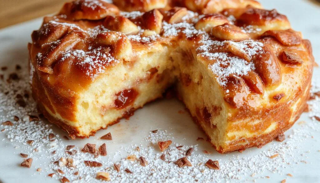 Ein goldbrauner Pflaumenkuchen mit einer dicken Schicht Streuseln obenauf, auf einem weißen Teller serviert. Die Pflaumen sind sichtbar unter den knusprigen Streuseln, die Optik ist rustikal und einladend, mit einer leicht glänzenden Oberfläche durch Zuckerguss.