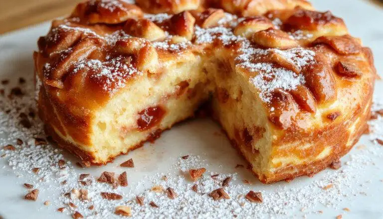 Ein goldbrauner Pflaumenkuchen mit einer dicken Schicht Streuseln obenauf, auf einem weiĂen Teller serviert. Die Pflaumen sind sichtbar unter den knusprigen Streuseln, die Optik ist rustikal und einladend, mit einer leicht glĂ€nzenden OberflĂ€che durch Zuckerguss.