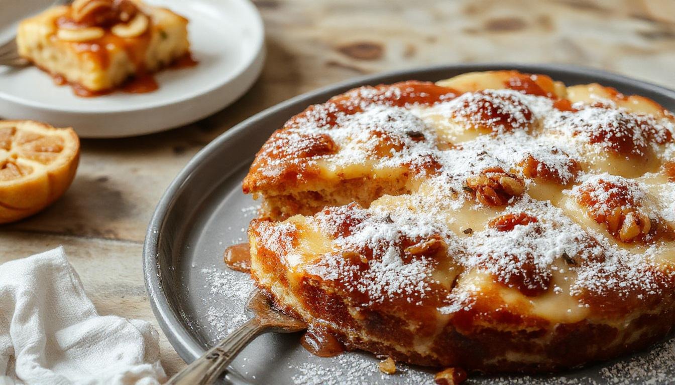 Der klassische Friss-dich-dumm-Kuchen mit Pudding und Walnüssen präsentiert sich in einer quadratischen Form, die großzügig mit cremigem Pudding, gehackten Walnüssen und einem goldbraunen Biskuitboden bedeckt ist. Die Oberfläche ist leicht glänzend mit einem rustikalen, hausgemachten Erscheinungsbild, die Nüsse sind sichtbar verteilt und verleihen ihm eine lockere Textur.