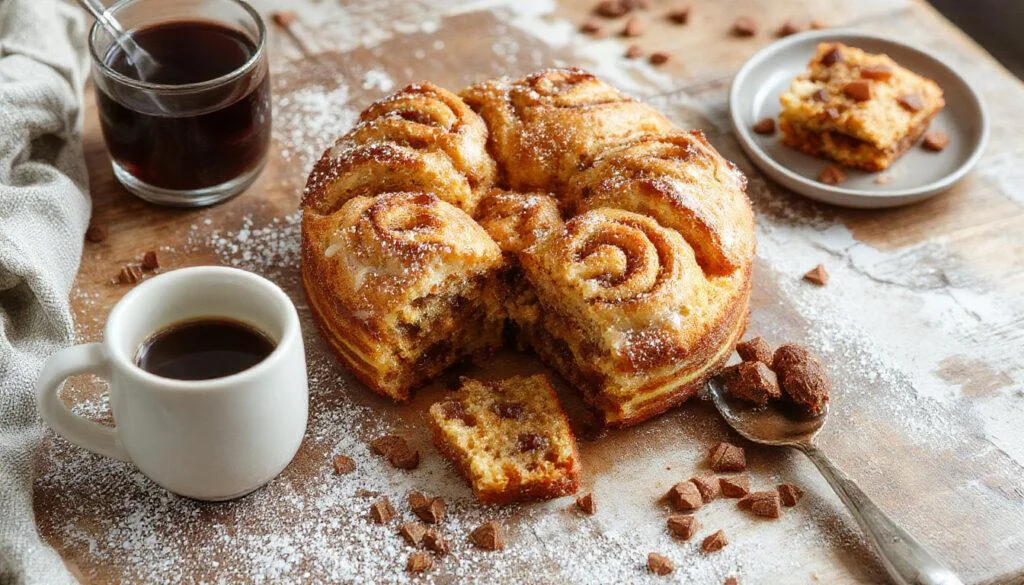 Der Kaffee-Kuchen ist in der Mitte angeschnitten, zeigt eine saftige, goldbraune Krume mit Zimtstreuseln oben. Der Kuchen ist auf einem rustikalen Holzteller platziert, umgeben von ein paar Zimtstreuseln und einer Tasse Kaffee im Hintergrund, das Licht ist warm und einladend.