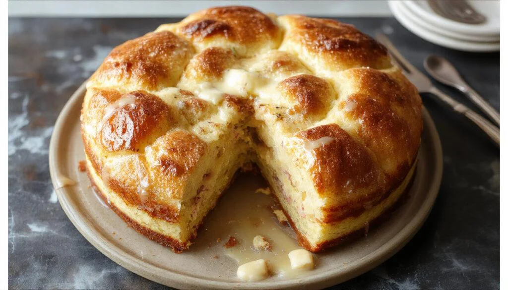Ein saftiger, goldbrauner Käsekuchen mit einer glatten Vanillequark-Schicht, auf einem weißen Teller präsentiert. Der Kuchen ist mit Puderzucker bestäubt und hat eine knusprige Kruste, umgeben von frischen Beeren und Minzblättern.