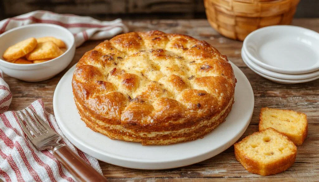 Ein frisch gebackener Landfrauenkuchen auf einem rustikalen Holzbrett, mit goldbrauner Kruste, verziert mit Puderzucker, und sichtbaren Apfel- und Zimtstücken im Inneren. Das Bild zeigt den Kuchen in Nahaufnahme, umgeben von einem landlichen Ambiente mit Blumen und Kaffetassen im Hintergrund.