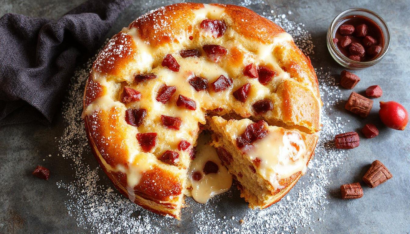 Ein saftiger Marmorkuchen mit dunklem und hellem Marmormuster, auf einem weißen Teller serviert, mit einer goldbraunen Kruste und einem lockeren, feinen Inneren, dekoriert mit einem leichten Zuckerguss und frischen Beeren am Rand.